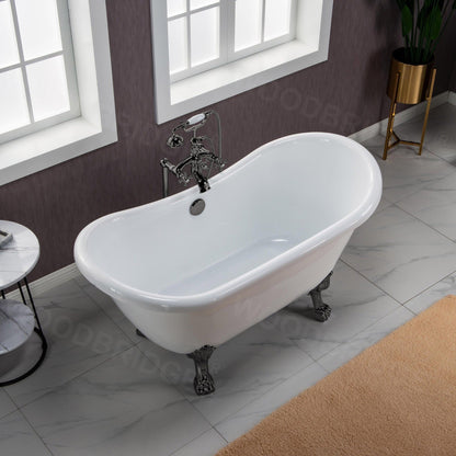 WoodBridge BTA1540 59" White Heavy Duty Acrylic Double Slippe Clawfoot Bathtub With Matte Black Feet, Drain, Overflow, F0006MBRD Tub Filler and Caddy Tray