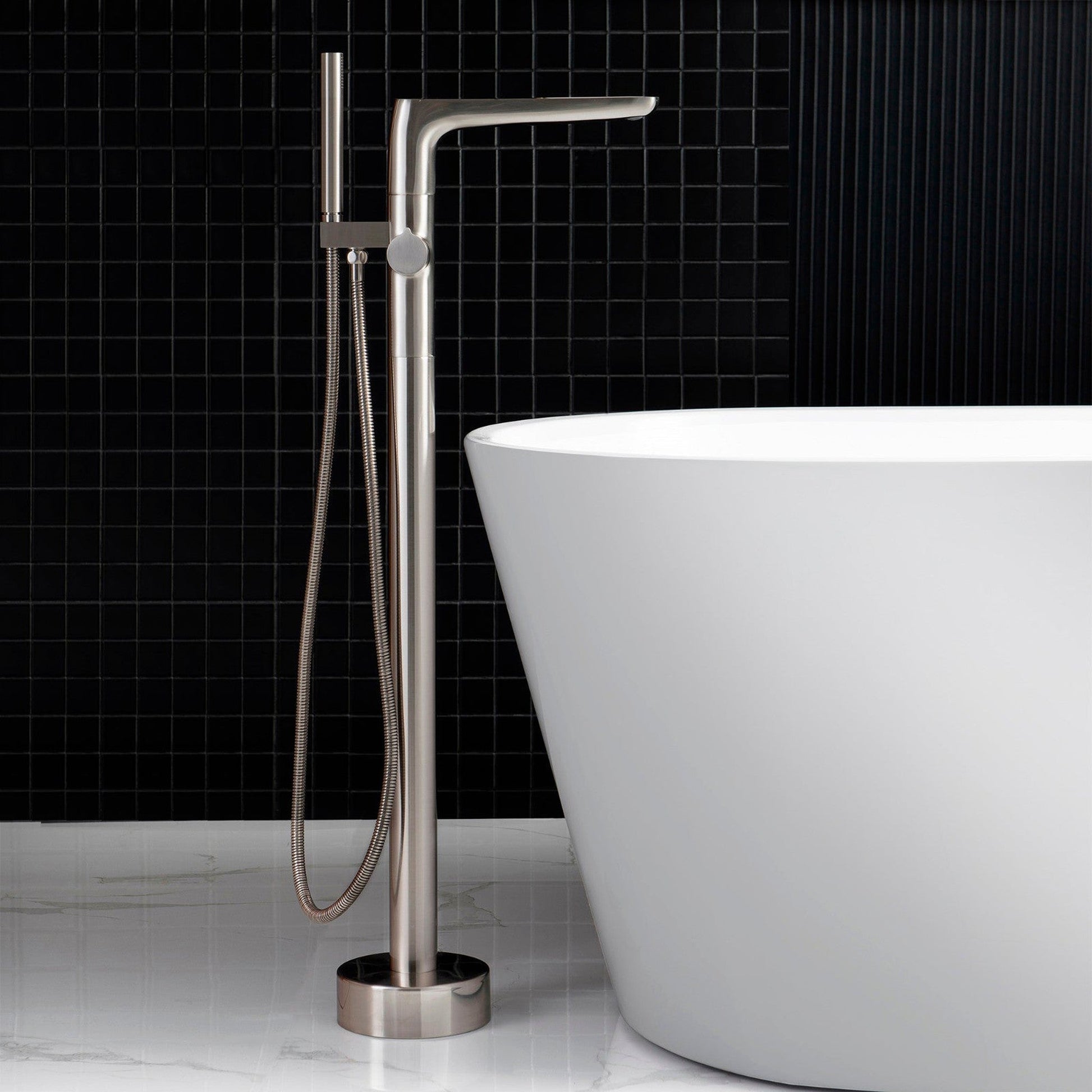 WoodBridge BTA1540 59" White Heavy Duty Acrylic Double Slipper Clawfoot Bathtub With Brushed Nickel Feet, Drain, Overflow, F-0014 Tub Filler and Caddy Tray