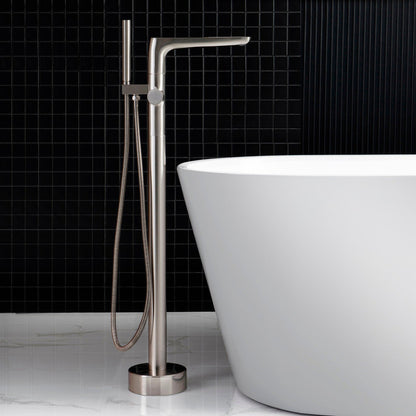 WoodBridge BTA1540 59" White Heavy Duty Acrylic Double Slipper Clawfoot Bathtub With Brushed Nickel Feet, Drain, Overflow, F-0014 Tub Filler and Caddy Tray