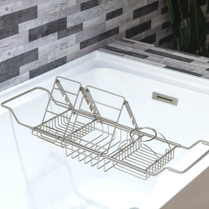 WoodBridge BTA1540 59" White Heavy Duty Acrylic Double Slipper Clawfoot Bathtub With Brushed Nickel Feet, Drain, Overflow, F-0014 Tub Filler and Caddy Tray