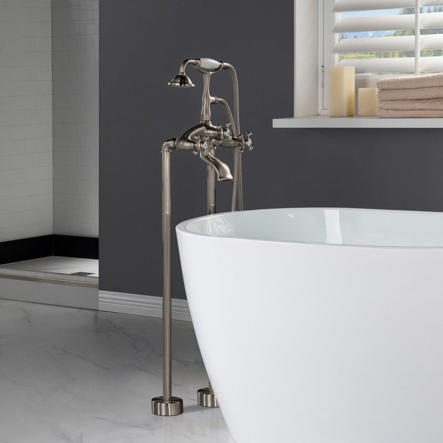 WoodBridge BTA1540 59" White Heavy Duty Acrylic Double Slipper Clawfoot Bathtub With Brushed Nickel Feet, Drain, Overflow, F-0018BN Tub Filler and Caddy Tray