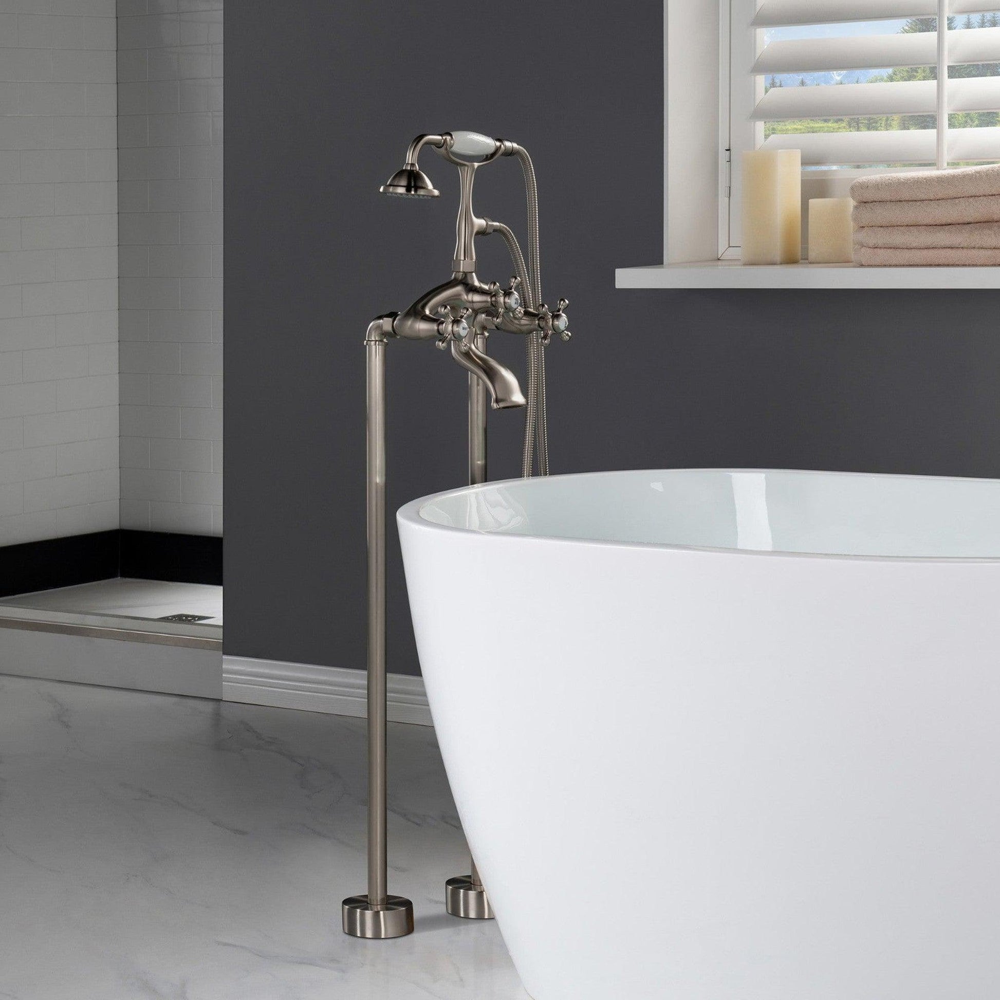 WoodBridge BTA1540 59" White Heavy Duty Acrylic Double Slipper Clawfoot Bathtub With Brushed Nickel Feet, Drain, Overflow, F-0018BN Tub Filler and Caddy Tray