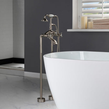 WoodBridge BTA1540 59" White Heavy Duty Acrylic Double Slipper Clawfoot Bathtub With Brushed Nickel Feet, Drain, Overflow, F-0018BN Tub Filler and Caddy Tray