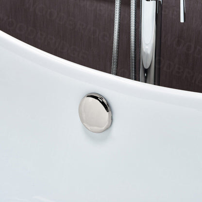 WoodBridge BTA1540 59" White Heavy Duty Acrylic Double Slipper Clawfoot Bathtub With Brushed Nickel Feet, Drain, Overflow, F0001BNVT Tub Filler and Caddy Tray