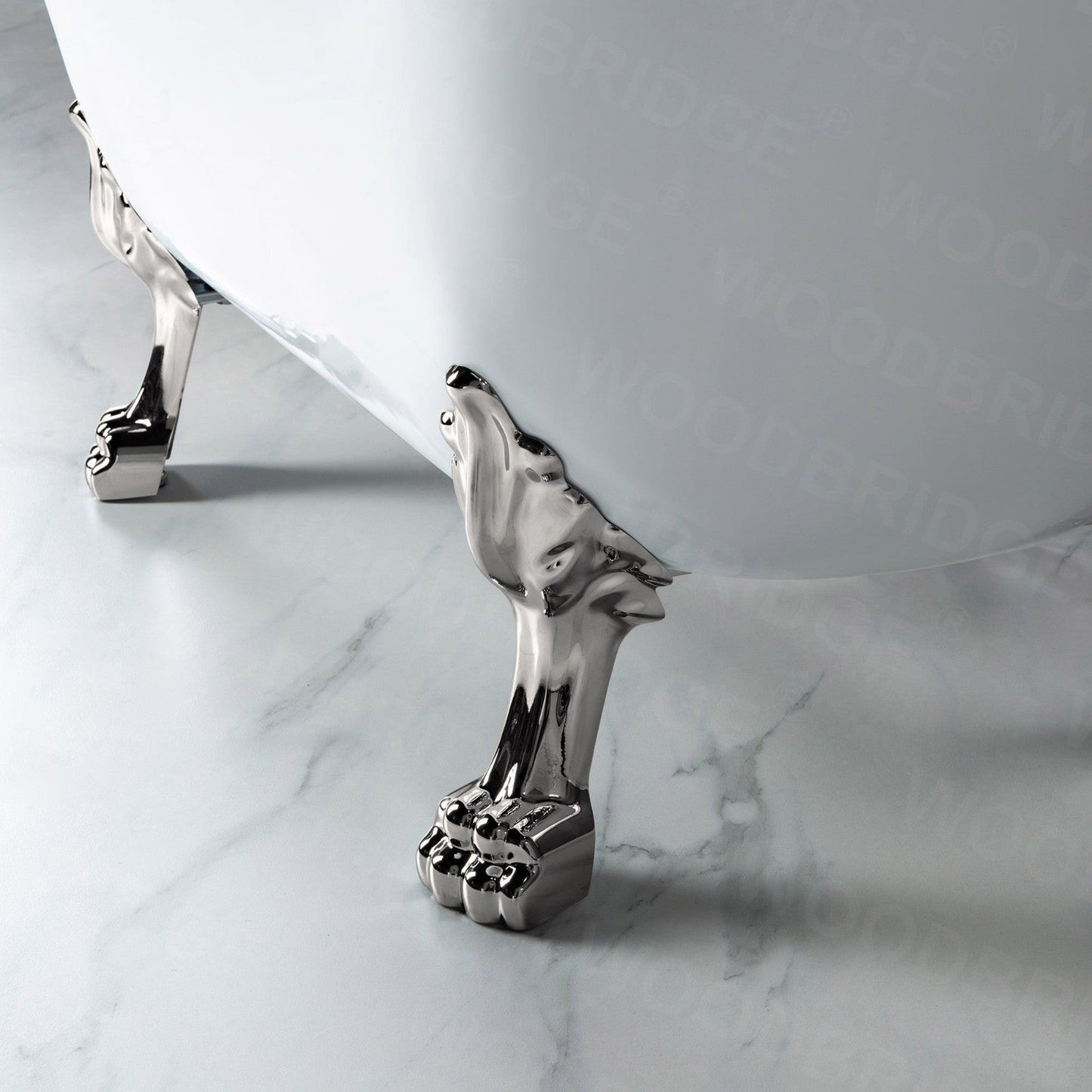 WoodBridge BTA1540 59" White Heavy Duty Acrylic Double Slipper Clawfoot Bathtub With Brushed Nickel Feet, Drain, Overflow, F0001BNVT Tub Filler and Caddy Tray