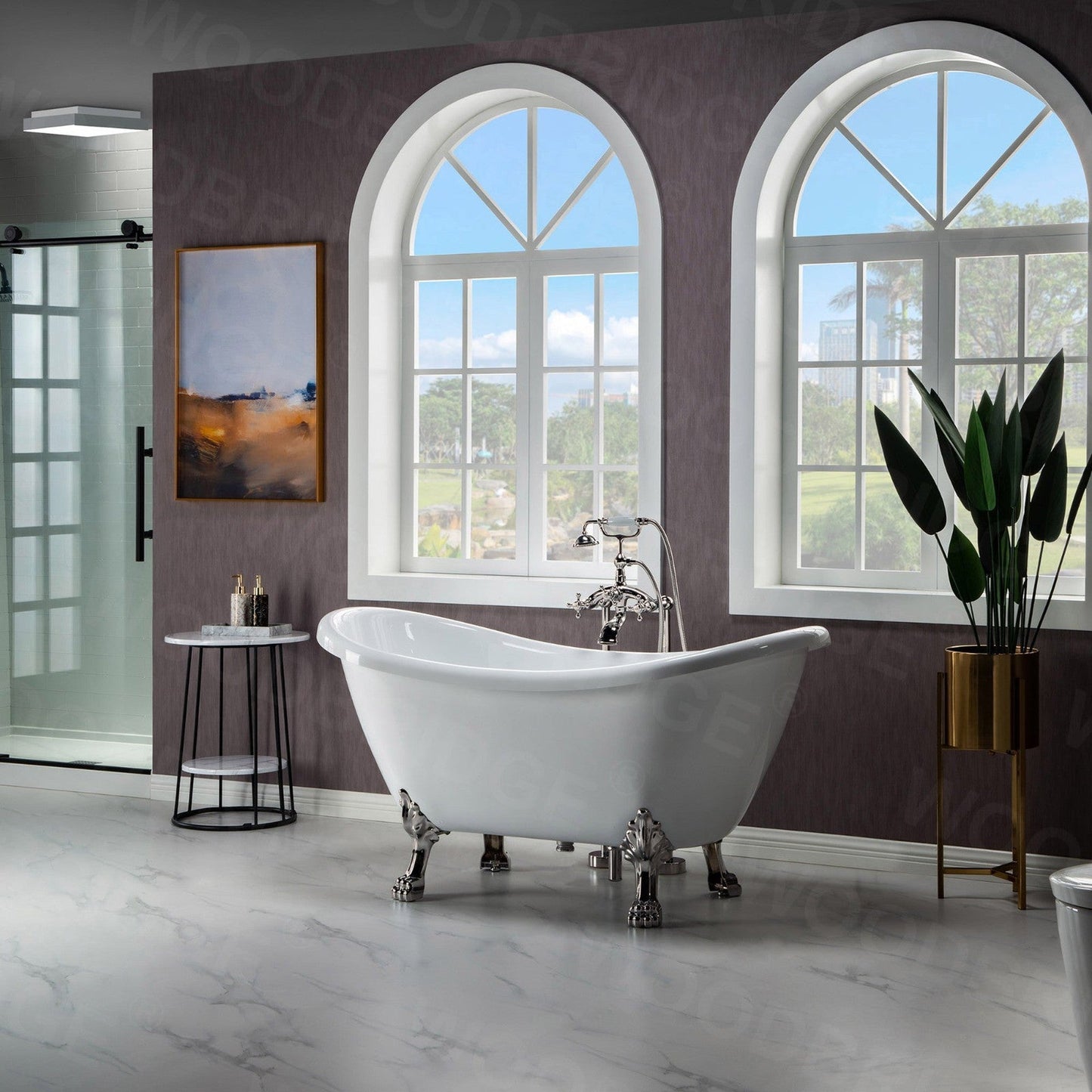 WoodBridge BTA1540 59" White Heavy Duty Acrylic Double Slipper Clawfoot Bathtub With Brushed Nickel Feet, Drain, Overflow, F0001BNVT Tub Filler and Caddy Tray