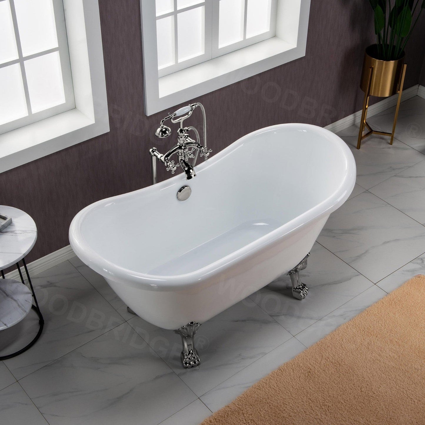 WoodBridge BTA1540 59" White Heavy Duty Acrylic Double Slipper Clawfoot Bathtub With Brushed Nickel Feet, Drain, Overflow, F0001BNVT Tub Filler and Caddy Tray