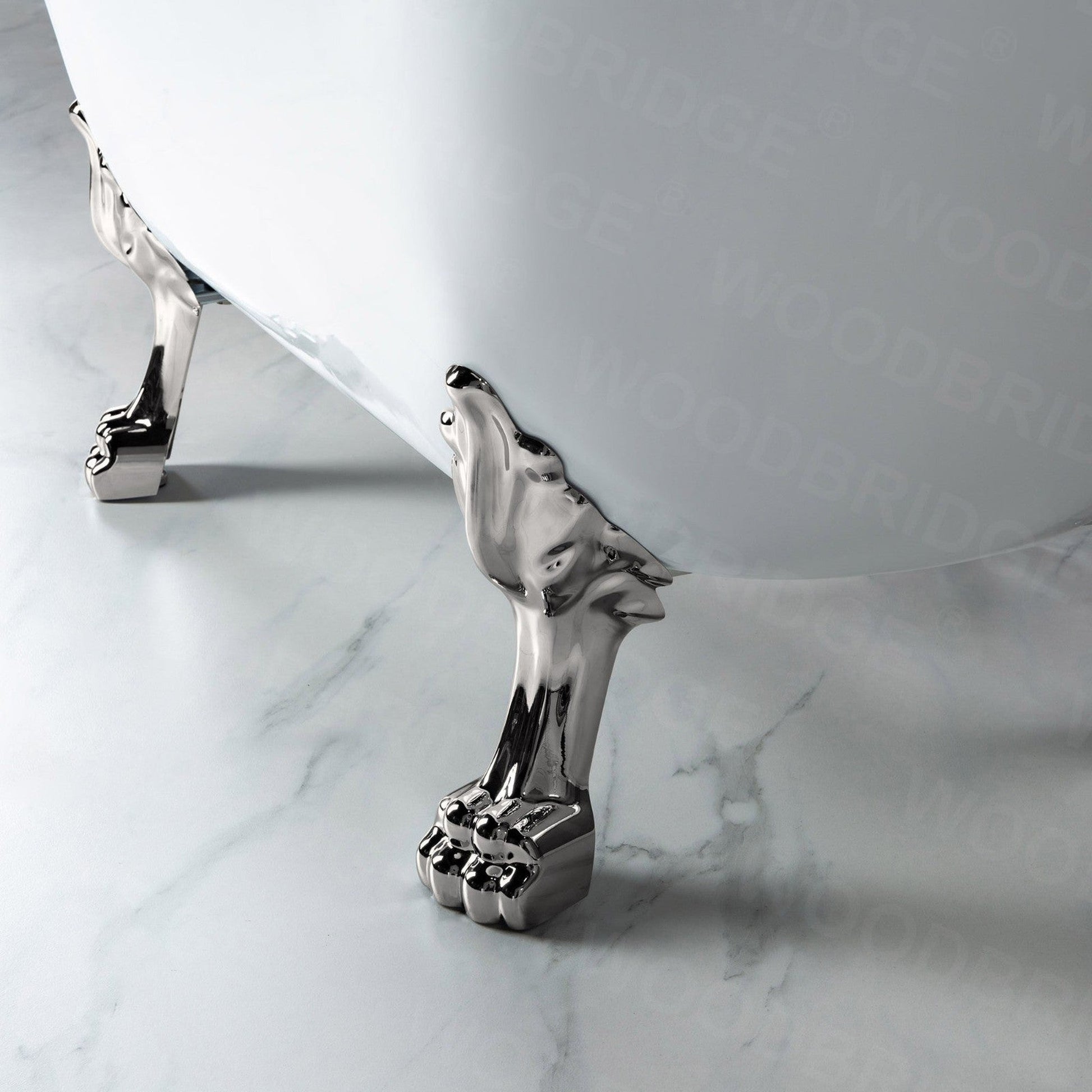 WoodBridge BTA1540 59" White Heavy Duty Acrylic Double Slipper Clawfoot Bathtub With Brushed Nickel Feet, Drain, Overflow, F0023BNRD Tub Filler and Caddy Tray
