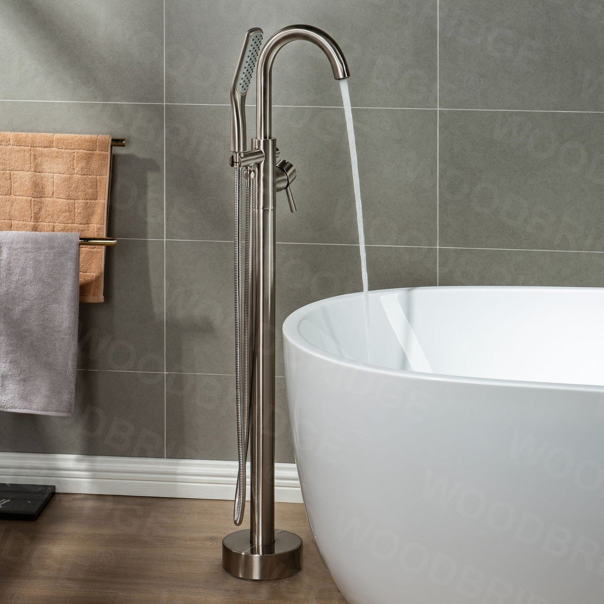 WoodBridge BTA1540 59" White Heavy Duty Acrylic Double Slipper Clawfoot Bathtub With Brushed Nickel Feet, Drain, Overflow, F0023BNRD Tub Filler and Caddy Tray