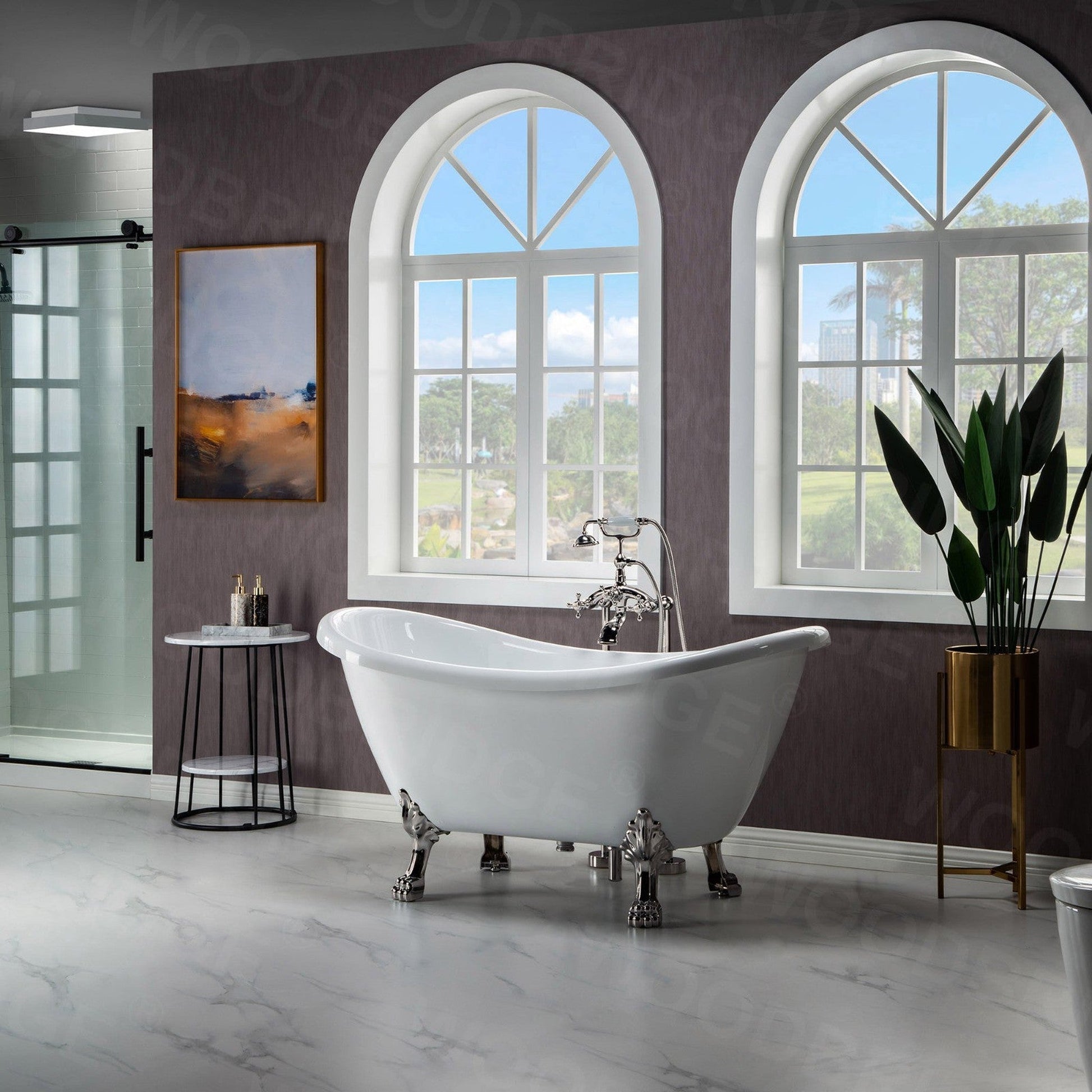 WoodBridge BTA1540 59" White Heavy Duty Acrylic Double Slipper Clawfoot Bathtub With Brushed Nickel Feet, Drain, Overflow, F0023BNVT Tub Filler and Caddy Tray