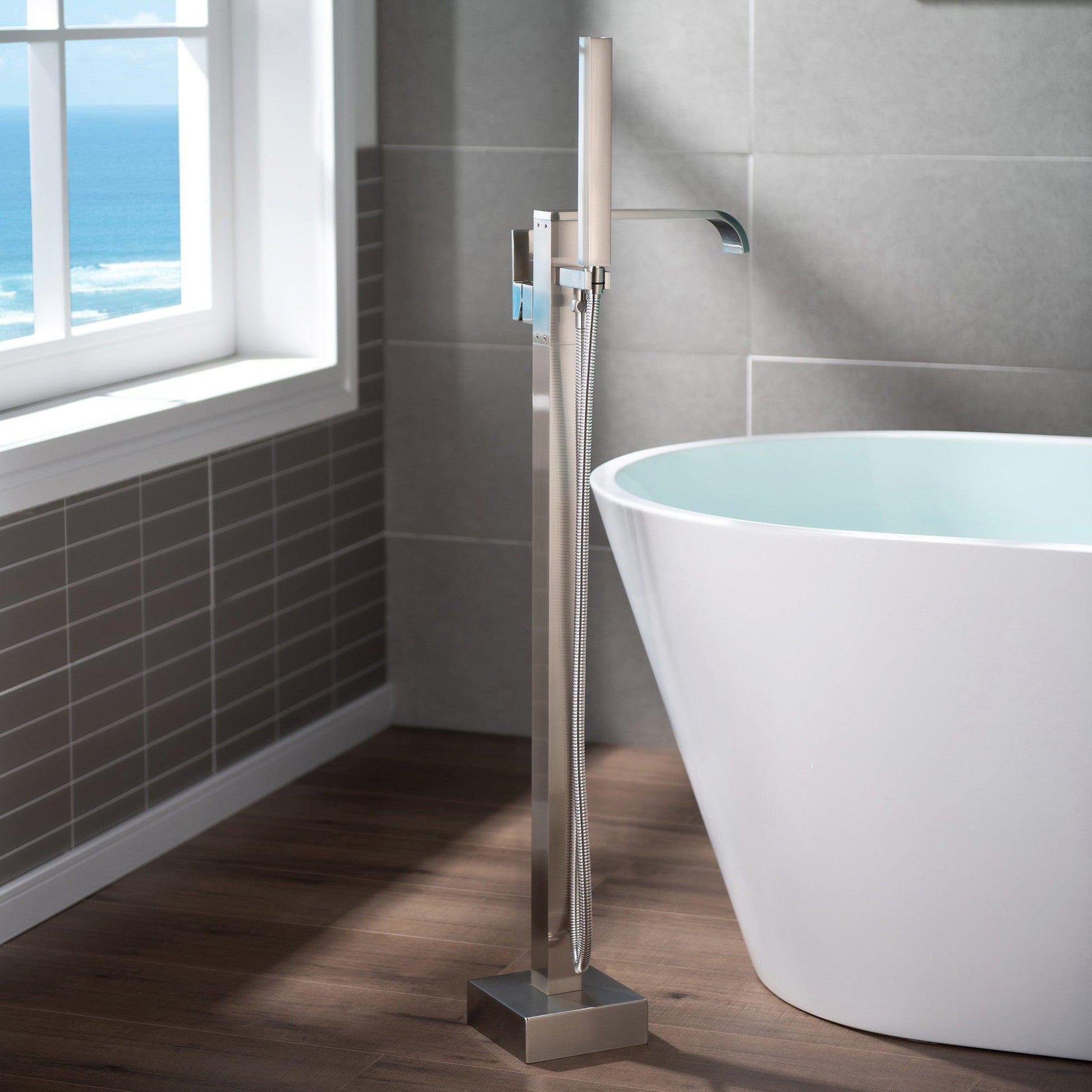 WoodBridge BTA1540 59" White Heavy Duty Acrylic Double Slipper Clawfoot Bathtub With Brushed Nickel Feet, Drain, Overflow, F0040BN Tub Filler and Caddy Tray
