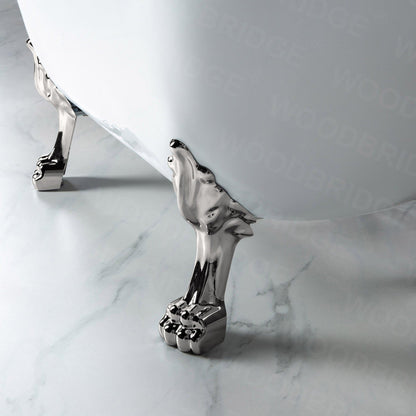 WoodBridge BTA1540 59" White Heavy Duty Acrylic Double Slipper Clawfoot Bathtub With Brushed Nickel Feet, Drain, Overflow, F0070BNDR Tub Filler and Caddy Tray