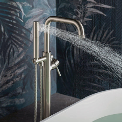 WoodBridge BTA1540 59" White Heavy Duty Acrylic Double Slipper Clawfoot Bathtub With Brushed Nickel Feet, Drain, Overflow, F0070BNDR Tub Filler and Caddy Tray