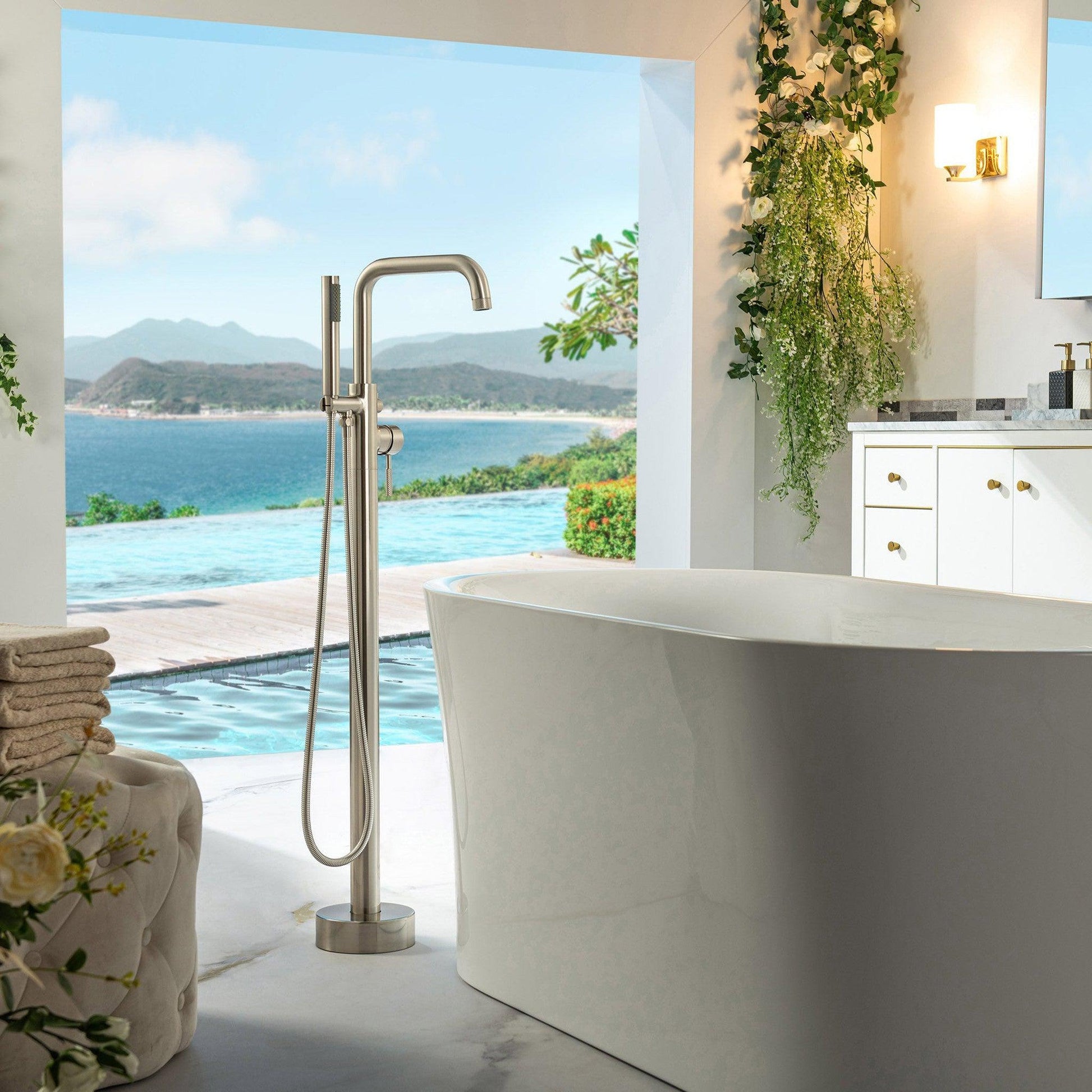 WoodBridge BTA1540 59" White Heavy Duty Acrylic Double Slipper Clawfoot Bathtub With Brushed Nickel Feet, Drain, Overflow, F0070BNRD Tub Filler and Caddy Tray