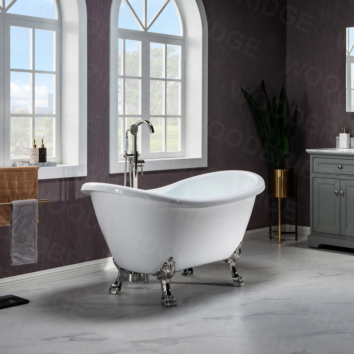WoodBridge BTA1540 59" White Heavy Duty Acrylic Double Slipper Clawfoot Bathtub With Brushed Nickel Feet, Drain, Overflow, F0070BNSQ Tub Filler and Caddy Tray