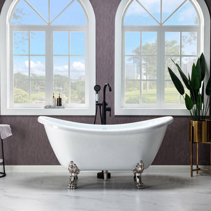 WoodBridge BTA1540 59" White Heavy Duty Acrylic Double Slipper Clawfoot Bathtub With Brushed Nickel Feet, Drain, Overflow, F0070BNVT Tub Filler and Caddy Tray
