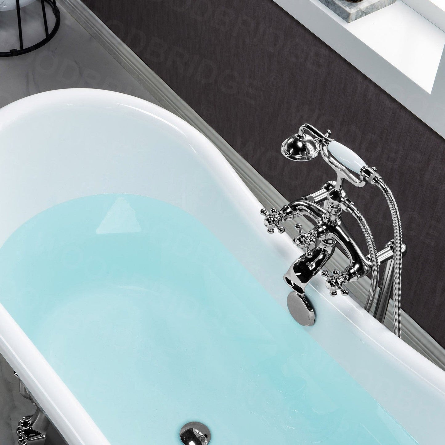 WoodBridge BTA1540 59" White Heavy Duty Acrylic Double Slipper Clawfoot Bathtub With Brushed Nickel Feet, Drain, Overflow, F0070BNVT Tub Filler and Caddy Tray