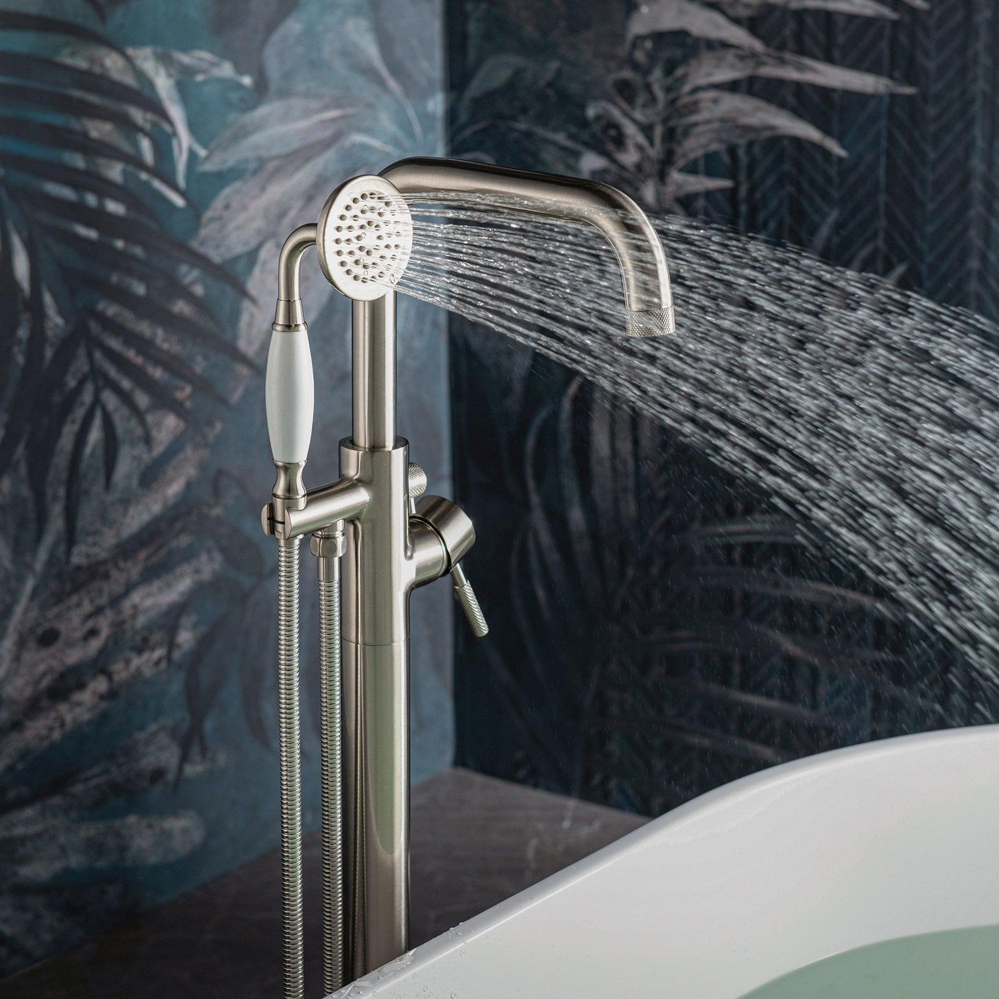 WoodBridge BTA1540 59" White Heavy Duty Acrylic Double Slipper Clawfoot Bathtub With Brushed Nickel Feet, Drain, Overflow, F0070BNVT Tub Filler and Caddy Tray