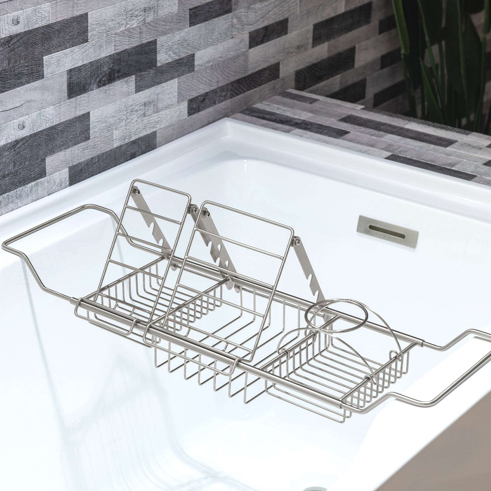 WoodBridge BTA1540 59" White Heavy Duty Acrylic Double Slipper Clawfoot Bathtub With Brushed Nickel Feet, Drain, Overflow, F0070BNVT Tub Filler and Caddy Tray