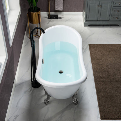 WoodBridge BTA1540 59" White Heavy Duty Acrylic Double Slipper Clawfoot Bathtub With Brushed Nickel Feet, Drain and Overflow