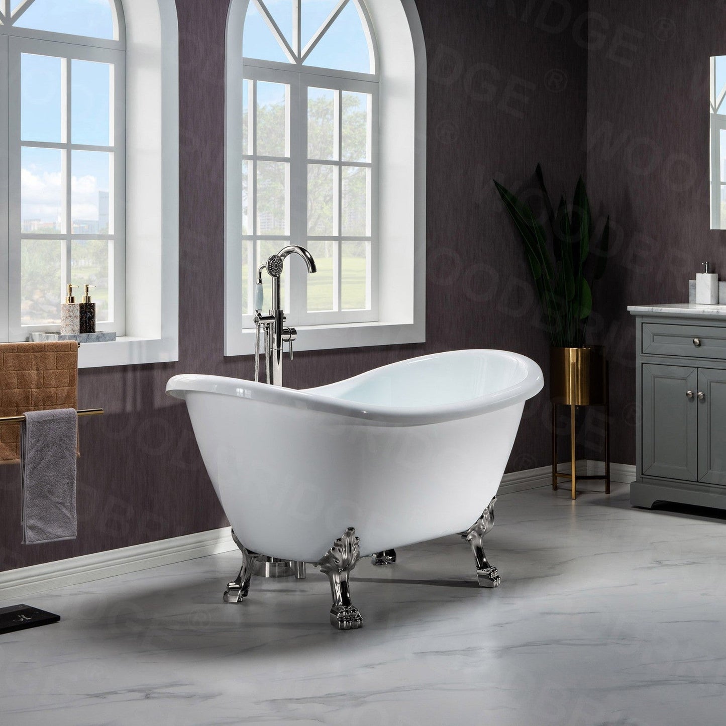 WoodBridge BTA1540 59" White Heavy Duty Acrylic Double Slipper Clawfoot Bathtub With Brushed Nickel Feet, Drain and Overflow