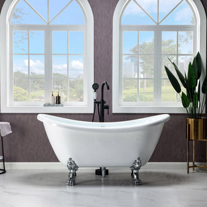 WoodBridge BTA1540 59" White Heavy Duty Acrylic Double Slipper Clawfoot Bathtub With Chrome Feet, Drain, Overflow, F-0004 Tub Filler and Caddy Tray
