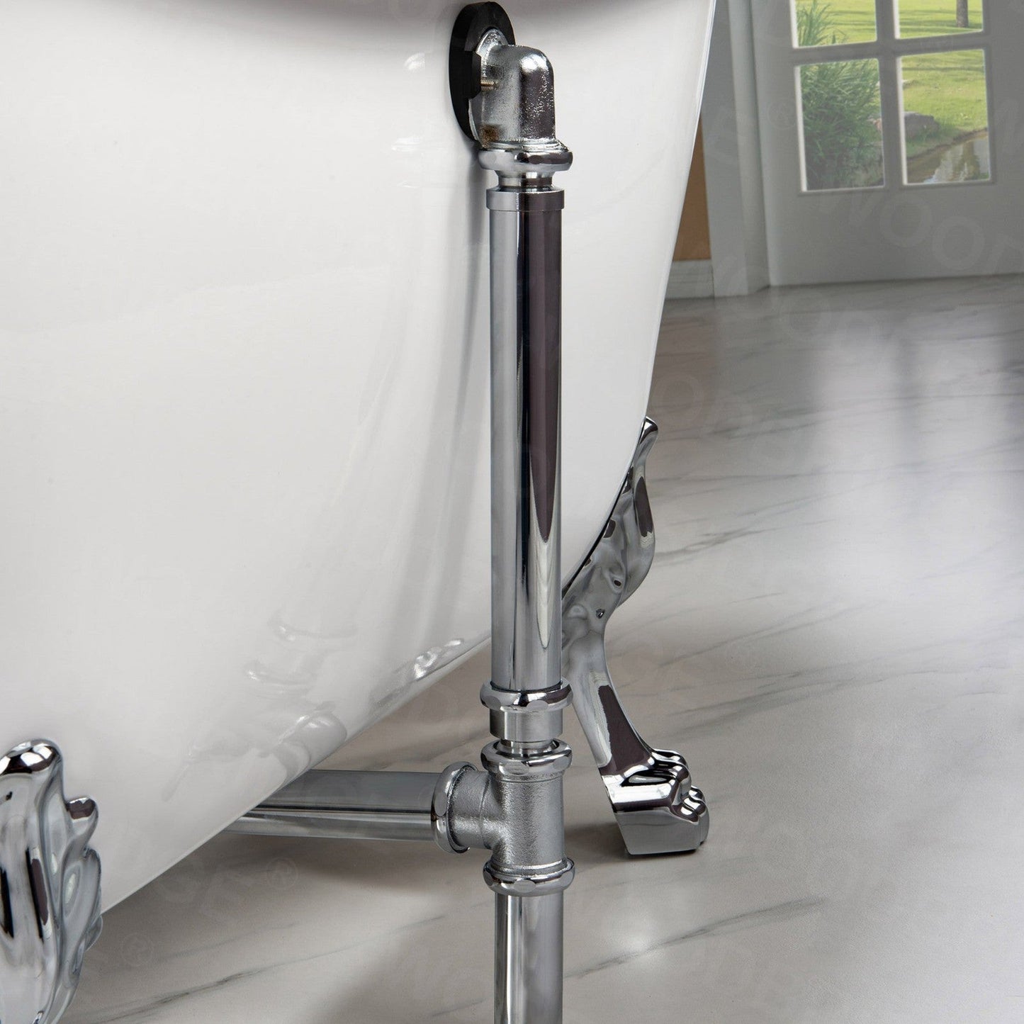 WoodBridge BTA1540 59" White Heavy Duty Acrylic Double Slipper Clawfoot Bathtub With Chrome Feet, Drain, Overflow, F-0004 Tub Filler and Caddy Tray