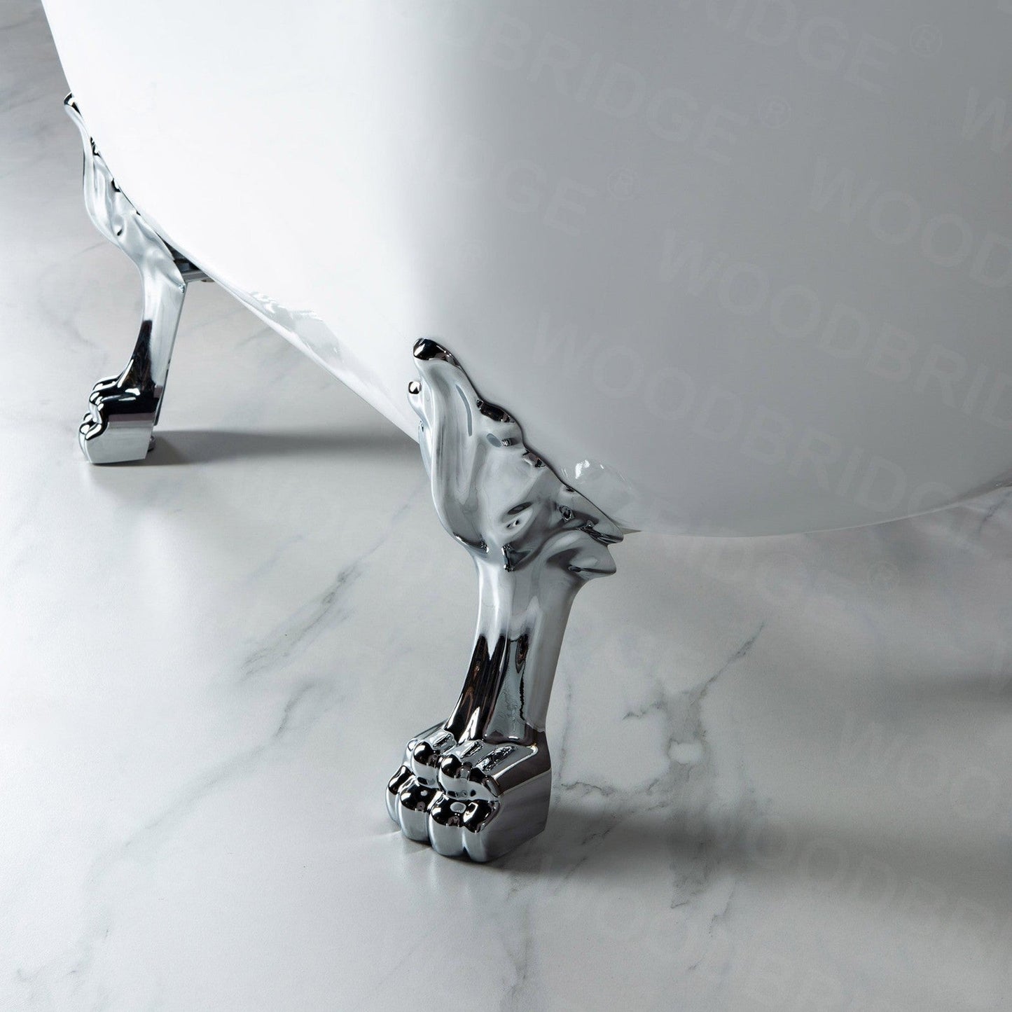 WoodBridge BTA1540 59" White Heavy Duty Acrylic Double Slipper Clawfoot Bathtub With Chrome Feet, Drain, Overflow, F-0004 Tub Filler and Caddy Tray