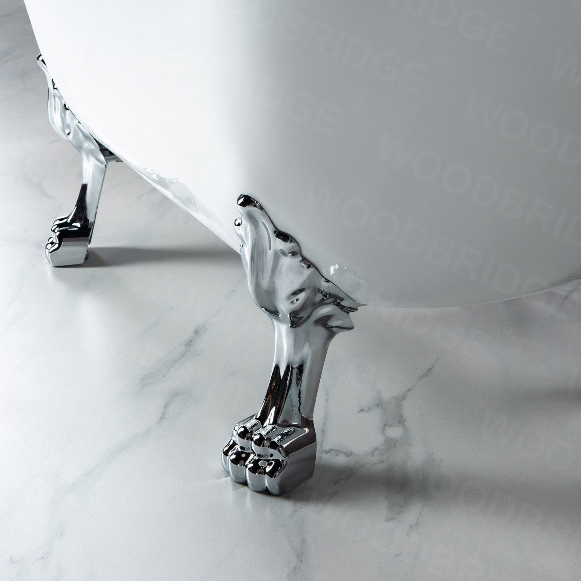 WoodBridge BTA1540 59" White Heavy Duty Acrylic Double Slipper Clawfoot Bathtub With Chrome Feet, Drain, Overflow, F-0004 Tub Filler and Caddy Tray