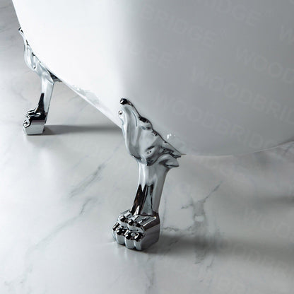 WoodBridge BTA1540 59" White Heavy Duty Acrylic Double Slipper Clawfoot Bathtub With Chrome Feet, Drain, Overflow, F-0004 Tub Filler and Caddy Tray