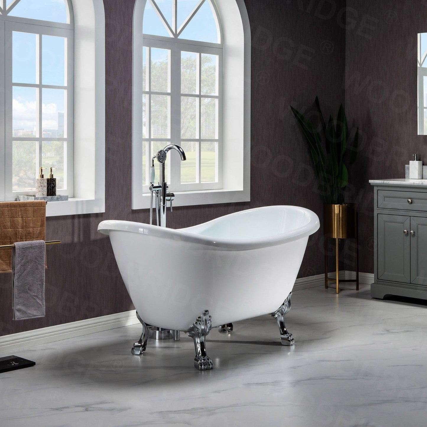 WoodBridge BTA1540 59" White Heavy Duty Acrylic Double Slipper Clawfoot Bathtub With Chrome Feet, Drain, Overflow, F-0013 Tub Filler and Caddy Tray