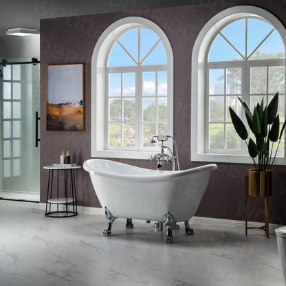 WoodBridge BTA1540 59" White Heavy Duty Acrylic Double Slipper Clawfoot Bathtub With Chrome Feet, Drain, Overflow, F-0013 Tub Filler and Caddy Tray