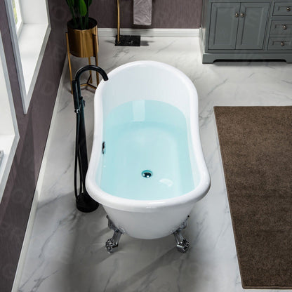 WoodBridge BTA1540 59" White Heavy Duty Acrylic Double Slipper Clawfoot Bathtub With Chrome Feet, Drain, Overflow, F-0013 Tub Filler and Caddy Tray