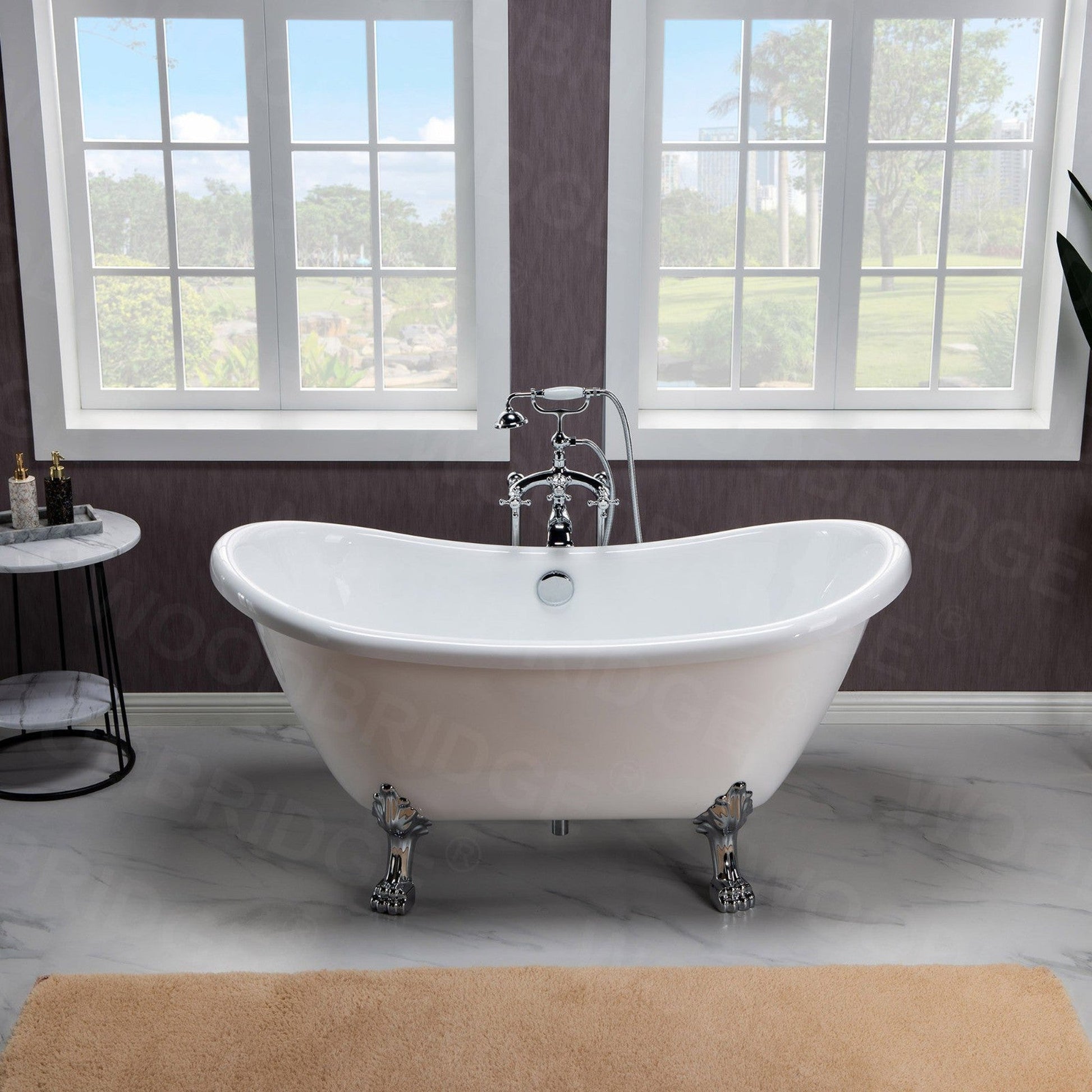 WoodBridge BTA1540 59" White Heavy Duty Acrylic Double Slipper Clawfoot Bathtub With Chrome Feet, Drain, Overflow, F-0013 Tub Filler and Caddy Tray