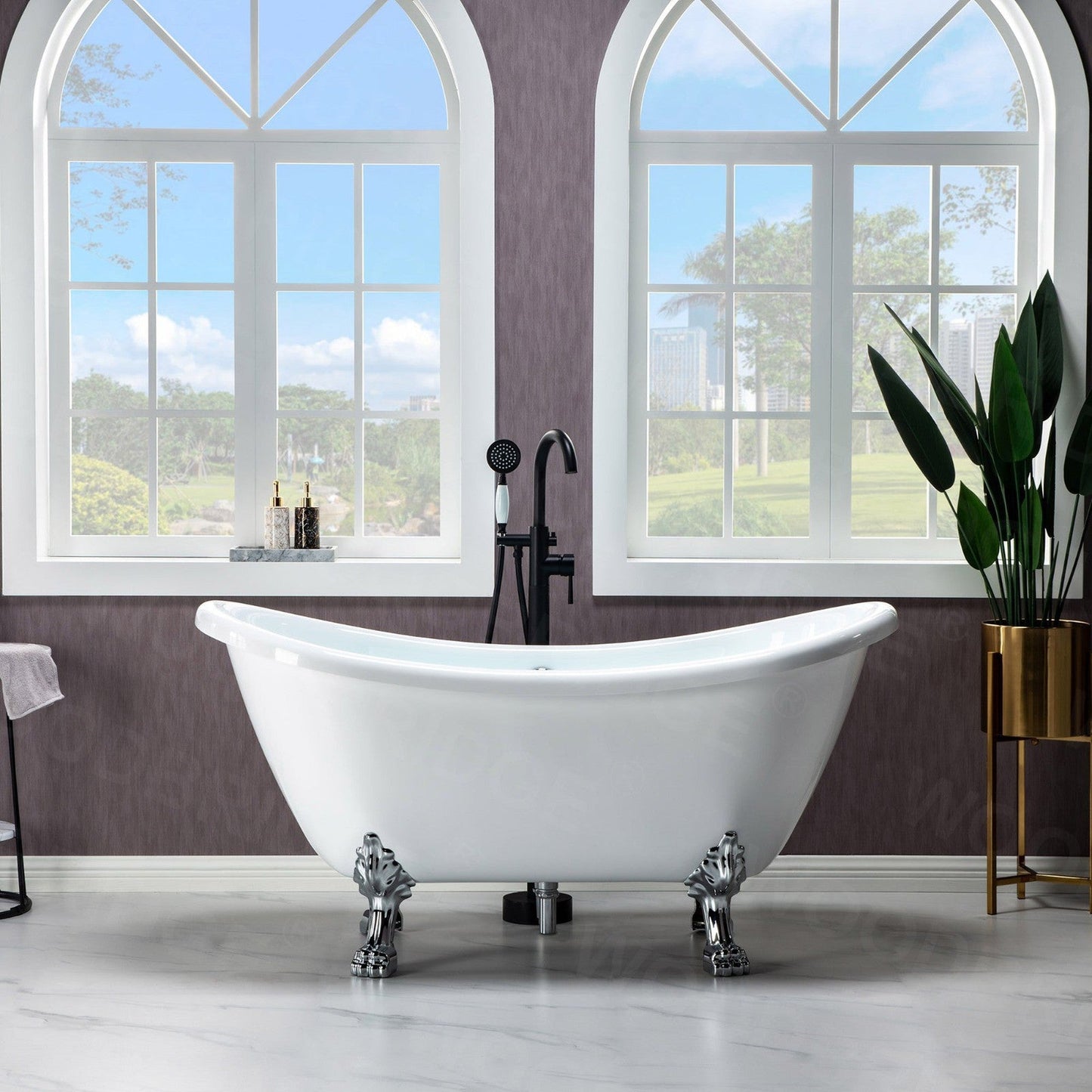 WoodBridge BTA1540 59" White Heavy Duty Acrylic Double Slipper Clawfoot Bathtub With Chrome Feet, Drain, Overflow, F-0017CH Tub Filler and Caddy Tray