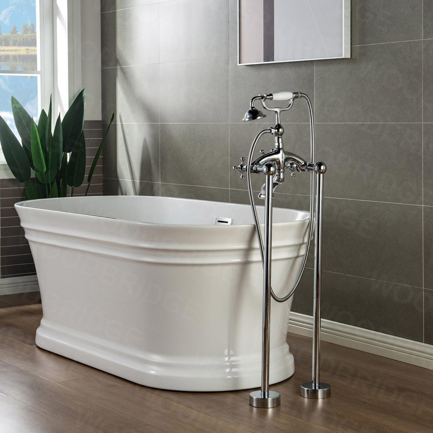 WoodBridge BTA1540 59" White Heavy Duty Acrylic Double Slipper Clawfoot Bathtub With Chrome Feet, Drain, Overflow, F-0017CH Tub Filler and Caddy Tray