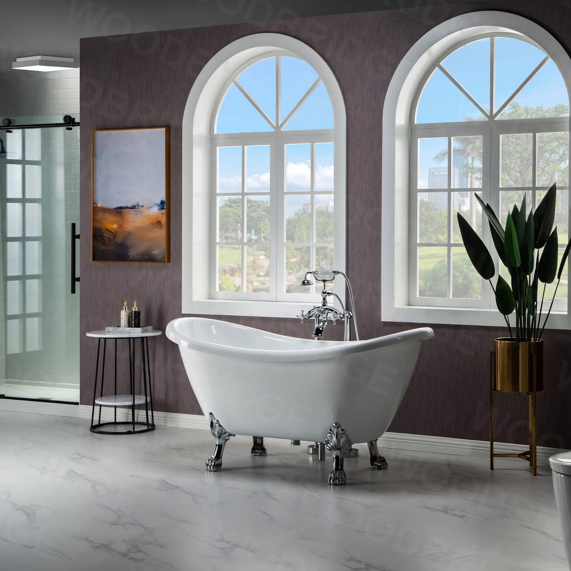 WoodBridge BTA1540 59" White Heavy Duty Acrylic Double Slipper Clawfoot Bathtub With Chrome Feet, Drain, Overflow, F-0017CH Tub Filler and Caddy Tray