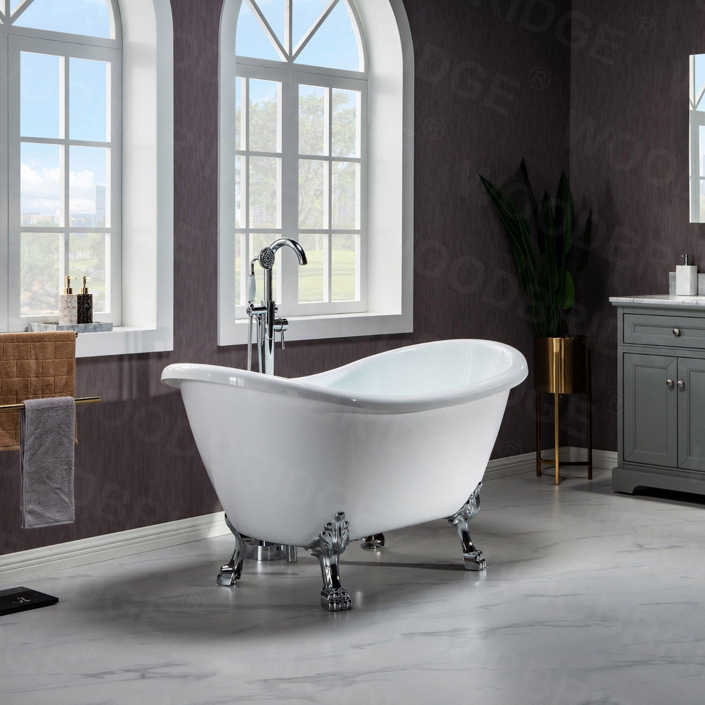 WoodBridge BTA1540 59" White Heavy Duty Acrylic Double Slipper Clawfoot Bathtub With Chrome Feet, Drain, Overflow, F0002CHRD Tub Filler and Caddy Tray