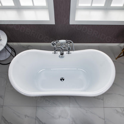 WoodBridge BTA1540 59" White Heavy Duty Acrylic Double Slipper Clawfoot Bathtub With Chrome Feet, Drain, Overflow, F0002CHVT Tub Filler and Caddy Tray