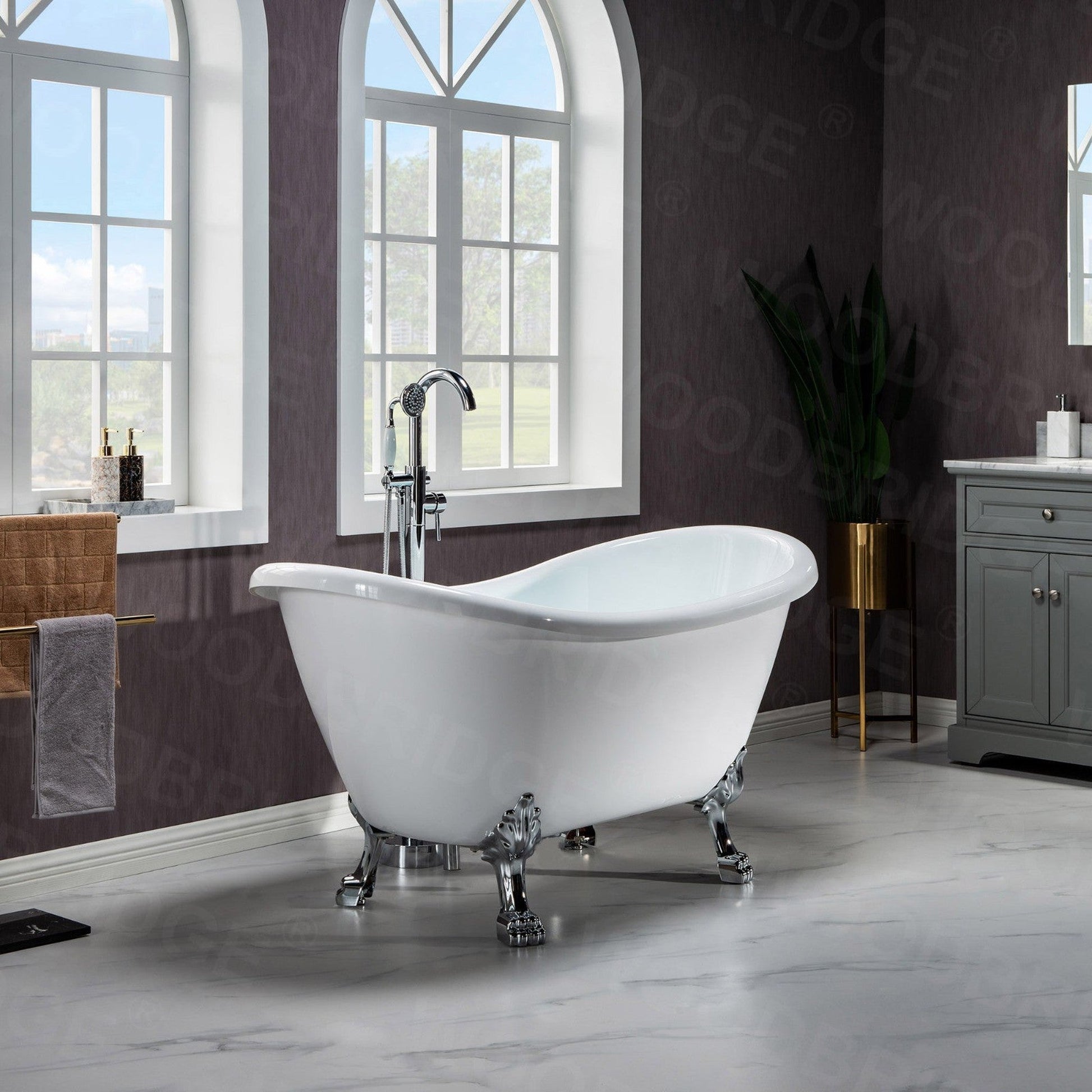 WoodBridge BTA1540 59" White Heavy Duty Acrylic Double Slipper Clawfoot Bathtub With Chrome Feet, Drain, Overflow, F0002CHVT Tub Filler and Caddy Tray