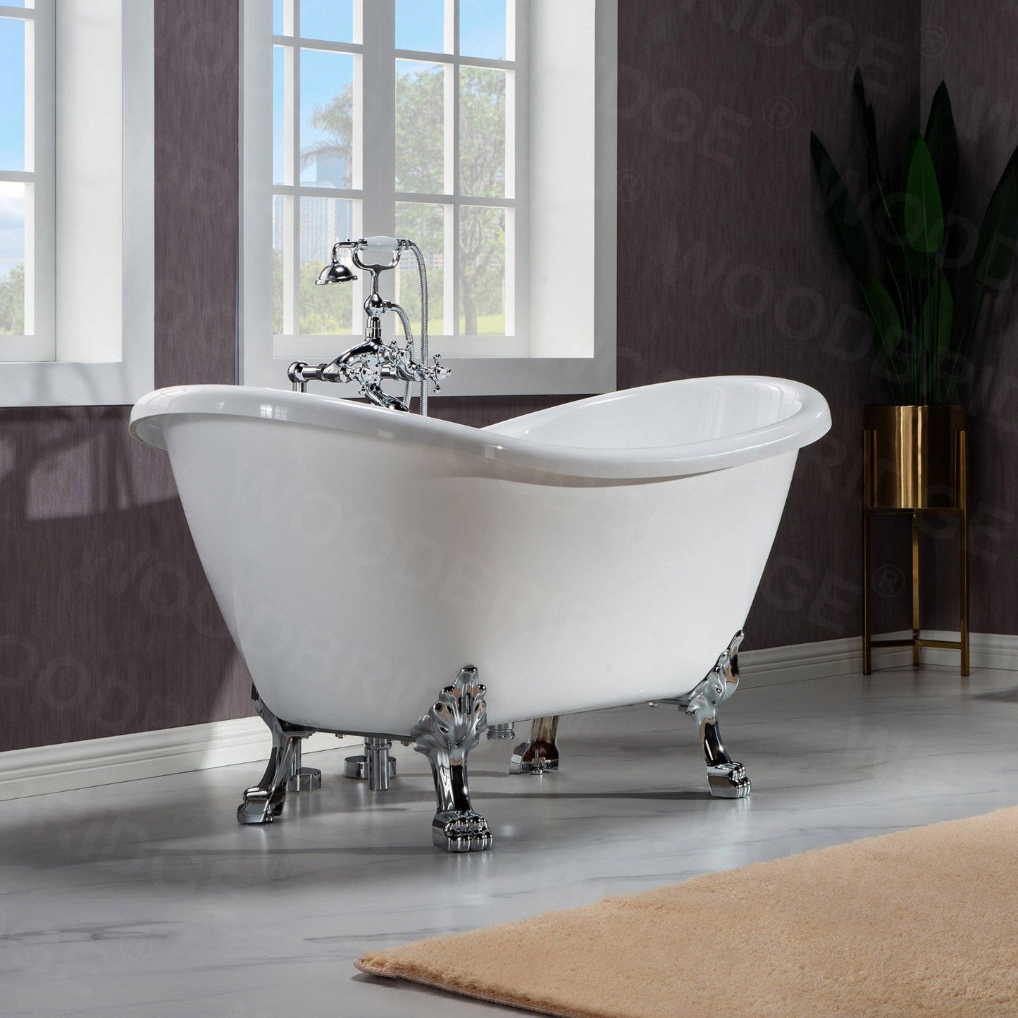 WoodBridge BTA1540 59" White Heavy Duty Acrylic Double Slipper Clawfoot Bathtub With Chrome Feet, Drain, Overflow, F0024CHRD Tub Filler and Caddy Tray