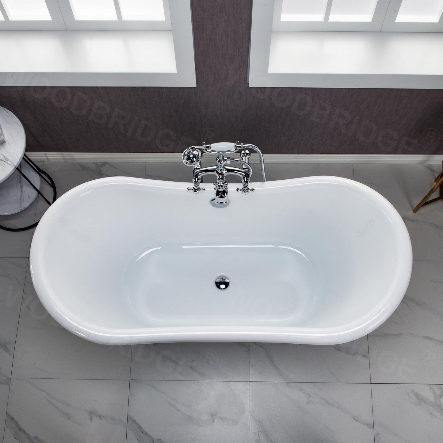 WoodBridge BTA1540 59" White Heavy Duty Acrylic Double Slipper Clawfoot Bathtub With Chrome Feet, Drain, Overflow, F0024CHSQ Tub Filler and Caddy Tray