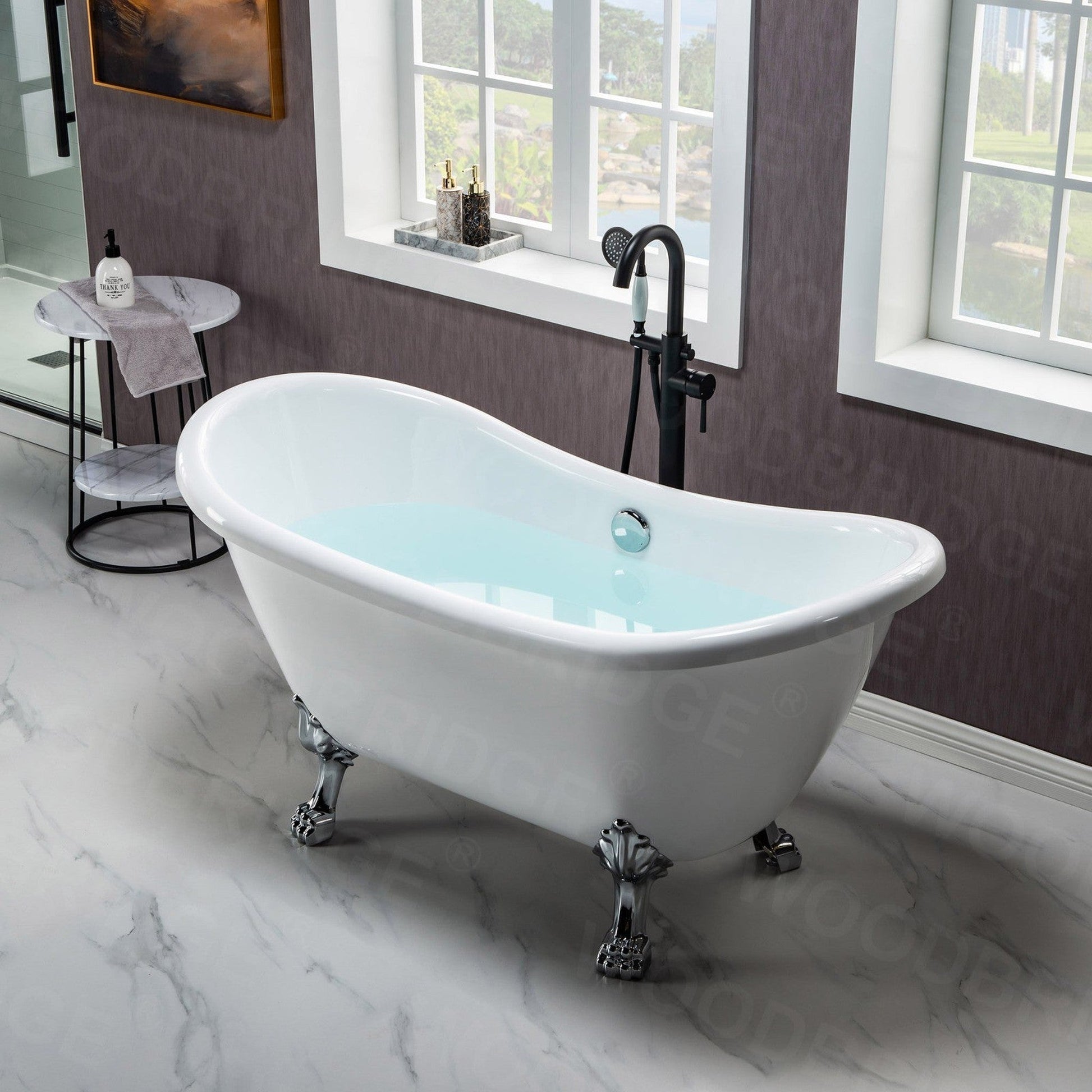 WoodBridge BTA1540 59" White Heavy Duty Acrylic Double Slipper Clawfoot Bathtub With Chrome Feet, Drain, Overflow, F0024CHSQ Tub Filler and Caddy Tray