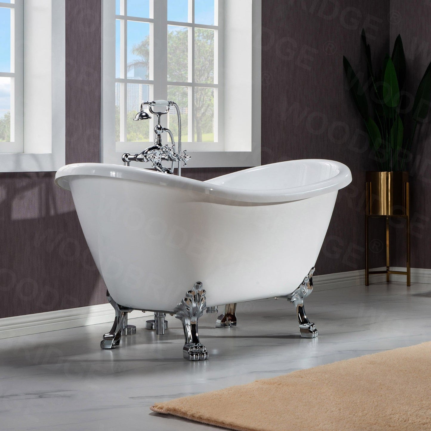 WoodBridge BTA1540 59" White Heavy Duty Acrylic Double Slipper Clawfoot Bathtub With Chrome Feet, Drain, Overflow, F0036CH Tub Filler and Caddy Tray