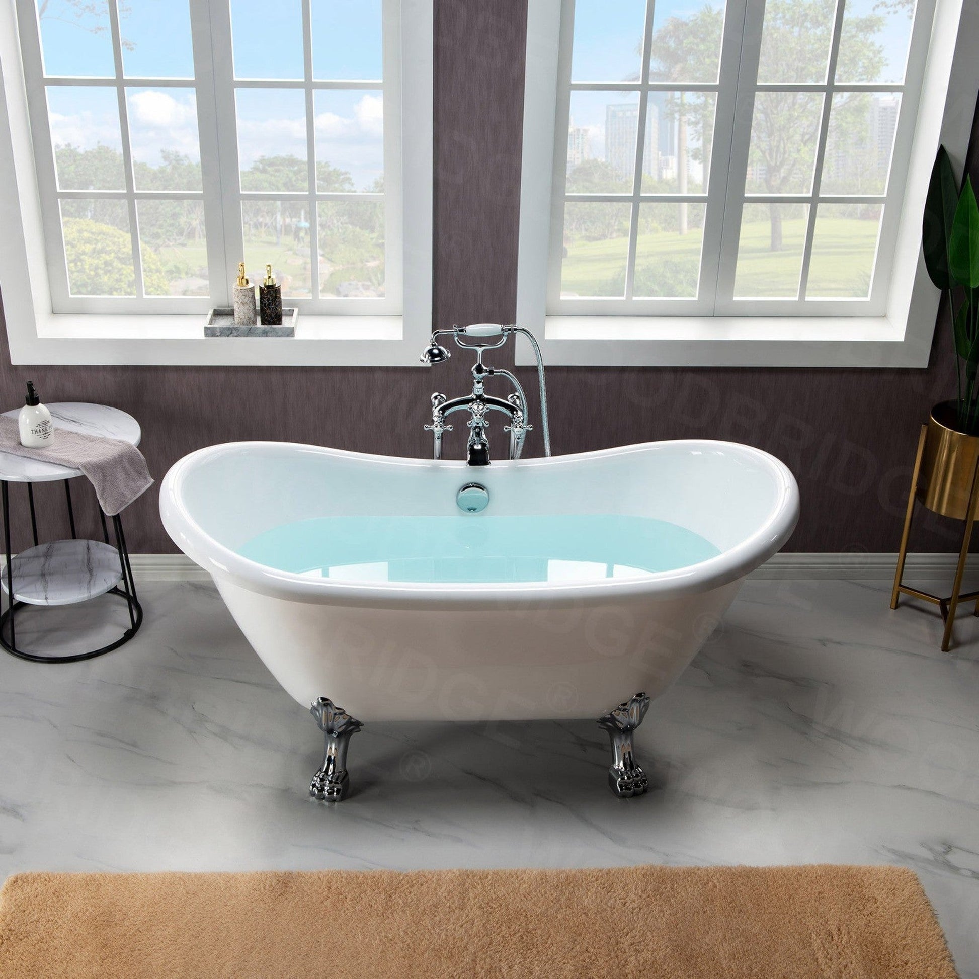 WoodBridge BTA1540 59" White Heavy Duty Acrylic Double Slipper Clawfoot Bathtub With Chrome Feet, Drain, Overflow, F0071CHRD Tub Filler and Caddy Tray