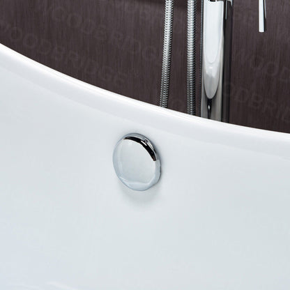 WoodBridge BTA1540 59" White Heavy Duty Acrylic Double Slipper Clawfoot Bathtub With Chrome Feet, Drain, Overflow, F0071CHVT Tub Filler and Caddy Tray