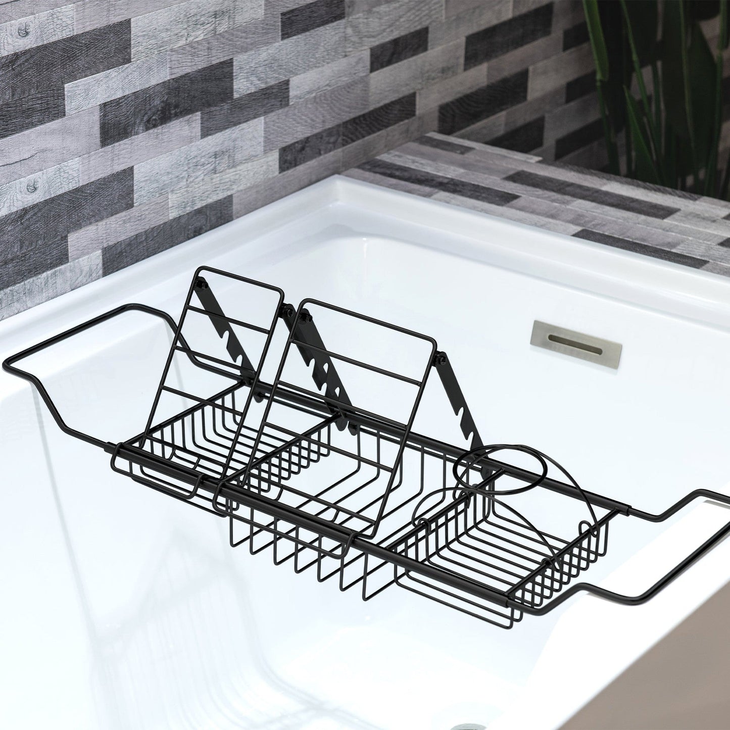 WoodBridge BTA1540 59" White Heavy Duty Acrylic Double Slipper Clawfoot Bathtub With Matte Black Feet, Drain, Overflow, F0006MBVT Tub Filler and Caddy Tray