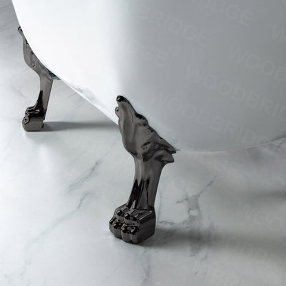 WoodBridge BTA1540 59" White Heavy Duty Acrylic Double Slipper Clawfoot Bathtub With Matte Black Feet, Drain, Overflow, F0025MBRD Tub Filler and Caddy Tray