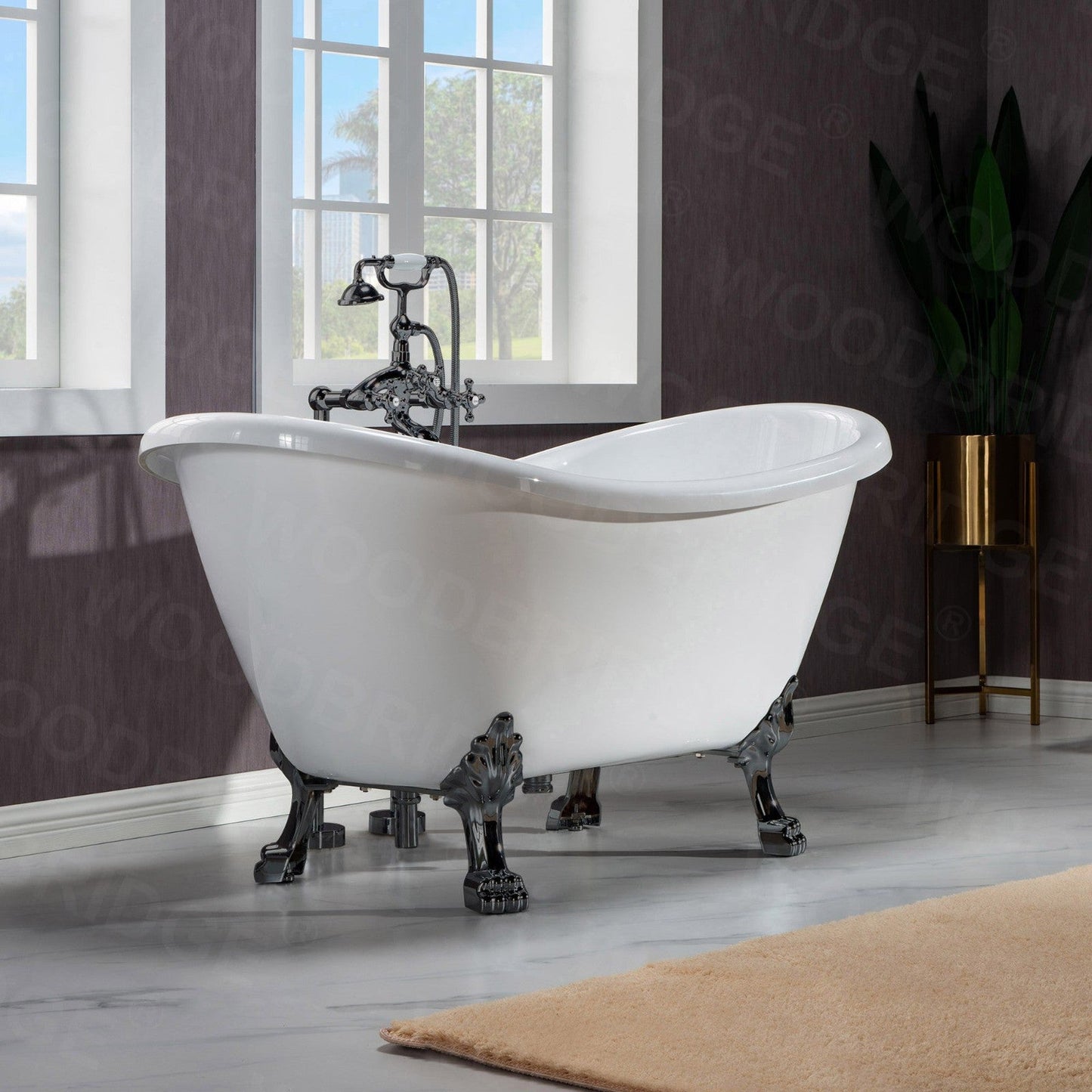 WoodBridge BTA1540 59" White Heavy Duty Acrylic Double Slipper Clawfoot Bathtub With Matte Black Feet, Drain, Overflow, F0025MBVT Tub Filler and Caddy Tray