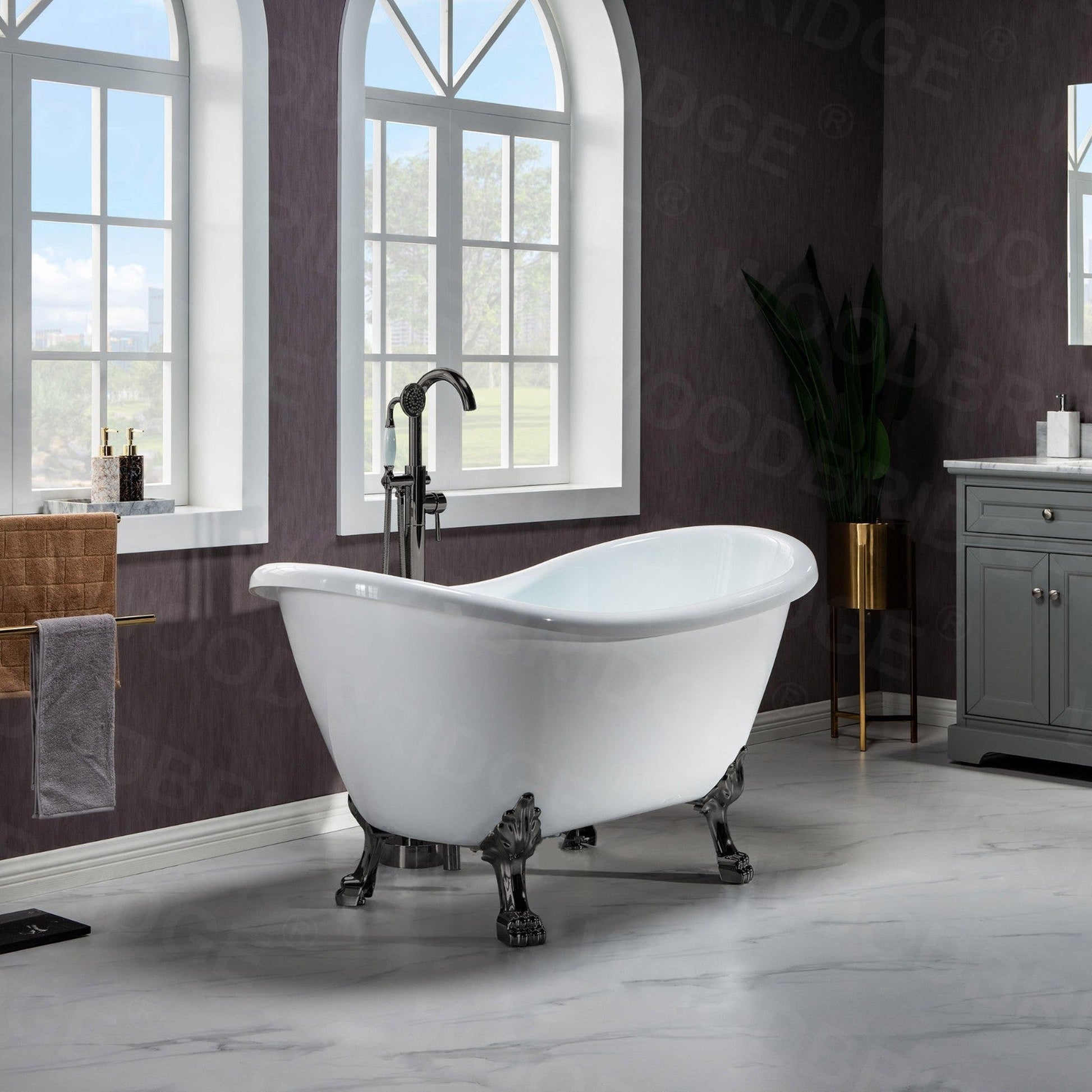 WoodBridge BTA1540 59" White Heavy Duty Acrylic Double Slipper Clawfoot Bathtub With Matte Black Feet, Drain, Overflow, F0037MB Tub Filler and Caddy Tray